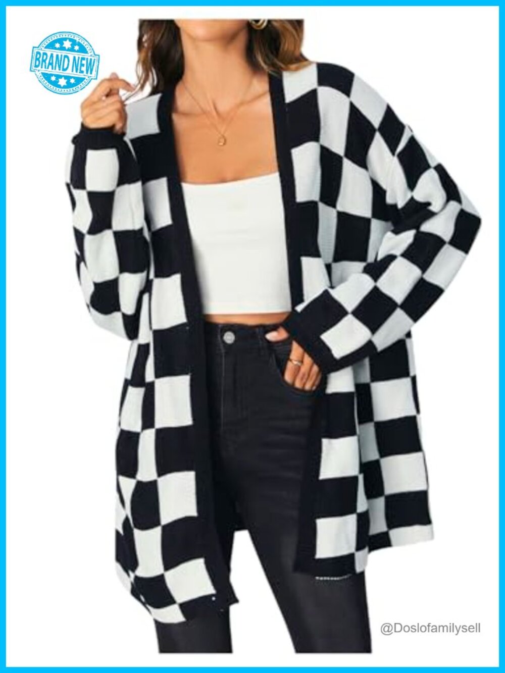 Oversized Plaid Cardigan Sweater Drop Shoulder Open Front Long Sleeve Loose Fit